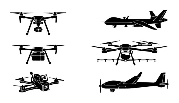 Unmanned aerial vehicle silhouettes, drone technology icons set, military and commercial UAV vector collection, remote controlled aircraft symbols