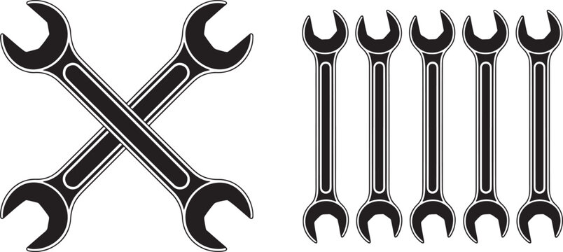 Black and white of crossed wrenches and a row of five wrenches spanner tool