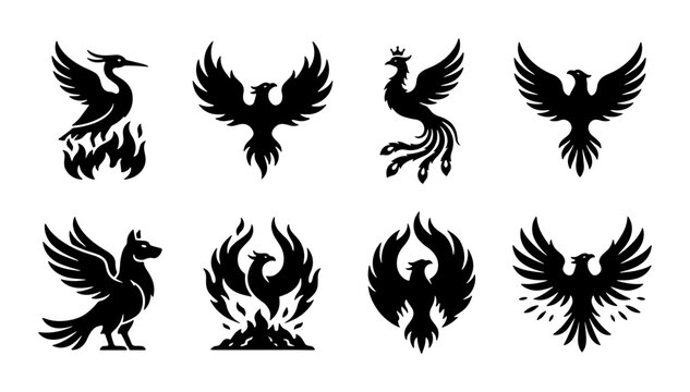 Mythical phoenix bird silhouettes, set of 8 fire bird vector icons, black eagle and griffin heraldic symbols, legendary firebird creature illustrations