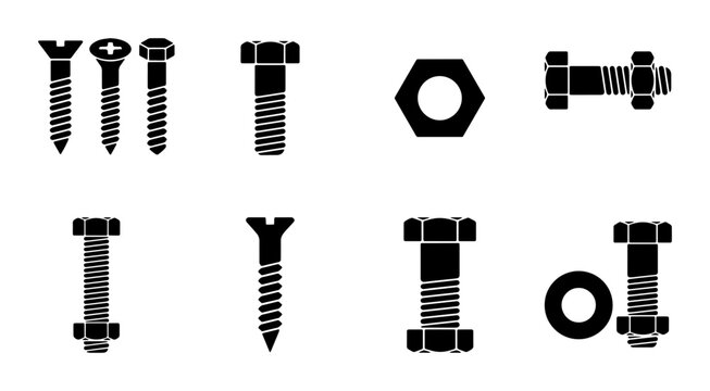 Industrial bolt and screw icons set, black metal hardware fasteners vector, construction nuts and washers collection for engineering and repair