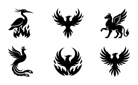 Mythical phoenix and griffin silhouettes, set of 6 legendary bird and creature icons, black heraldic fantasy animal vectors for logo design
