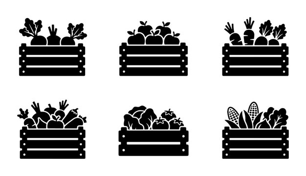 Black silhouette vegetable crate icons, set of 6 wooden boxes with fresh harvest, organic farm produce in crates, garden fruit and vegetable vector