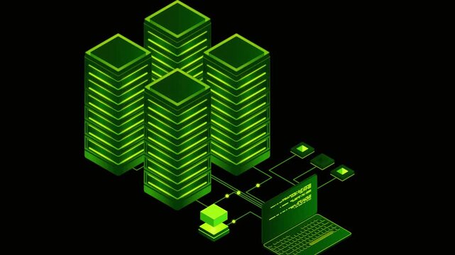 Isometric data center network with laptop processing information loop animation.