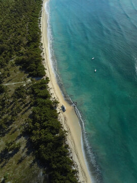 Aerial view of Astove Island with lush tropical forests and a sandy beach meeting turquoise ocean waters in Seychelles.