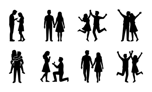 Romantic couple silhouette set, black silhouettes of man and woman in love, collection of 8 vector icons featuring marriage proposal and dating