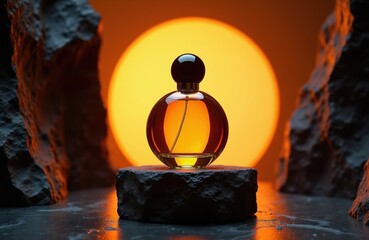 Glass perfume bottle sits on rough stone pedestal. Warm orange light glows behind, creating dramatic shadows. Natural elements frame this luxury cosmetic product.