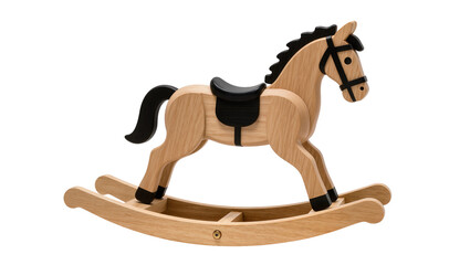 Wooden rocking horse with black saddle and mane on curved base © Nuria