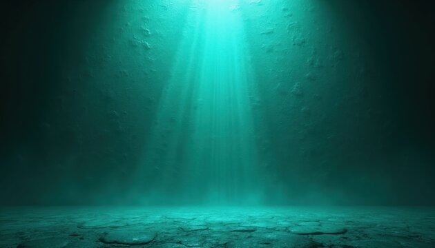 Dark underwater scene with teal light beams piercing murky depths. Textured walls and seabed create mysterious atmosphere. Deep ocean abstract background.