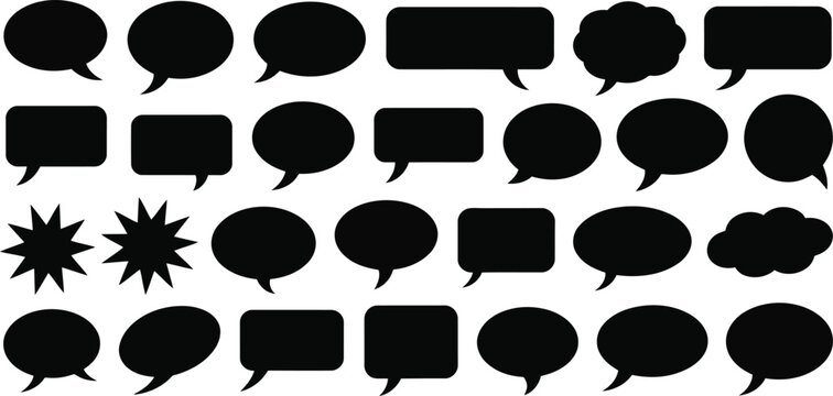 Numerous black speech and thought bubble outlines displayed in rows on a clean white backdrop