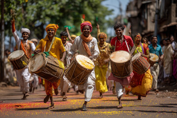 Obraz premium Energetic Ganpati Visarjan street procession with dhol-tasha and flying colors. 
