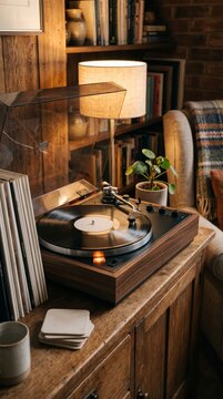 Vintage vinyl record player in cozy warm atmosphere