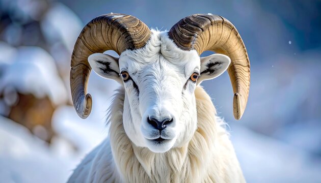 Close-up of a white ram with impressive, curled horns, against a snowy background. Its amber eyes stare directly at the viewer