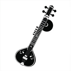 Fototapeta premium Black Sitar Musical Instrument Silhouette on White Background