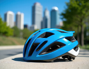 Fototapeta premium Blue bike helmet rests on concrete path with city buildings in distance. Protective cycling headwear ready for urban ride and outdoor sport adventure.