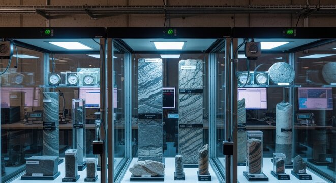 Geological Specimens Displayed in a Climate Controlled Exhibit Case Showcasing Earth's Natural History and Rock Formations