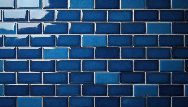 Deep blue glossy ceramic tiles arranged in horizontal stack pattern. Glazed surface reflects light, creating smooth, clean texture perfect for interior design backdrops and architectural elements.
