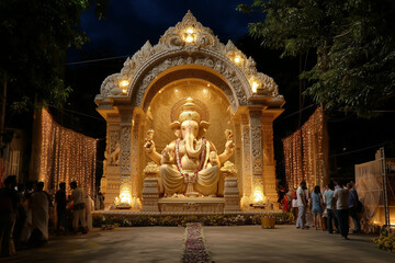 Obraz premium Illuminated Ganpati pandal at night with a massive decorated Ganesha idol. 