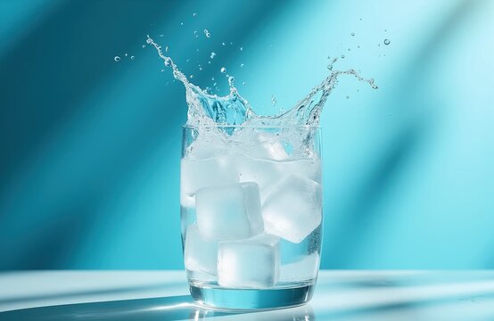 Clear glass with ice cubes. Water splashes dynamically. Bright sunlight illuminates clean liquid. Refreshing beverage for summer days. Perfect for thirst quenching and wellness.