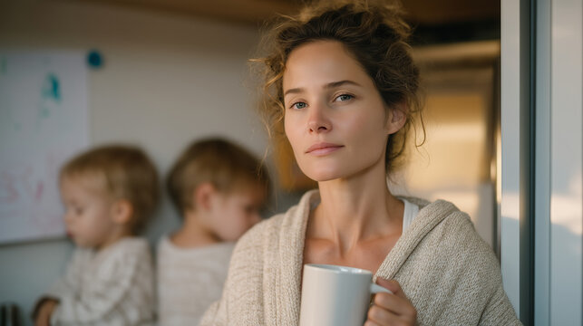 Spring morning kitchen scene, woman holding mug staring at children's artwork on fridge while toddler sleeps, postpartum fog, quiet maternal ambivalence, mental load, new mom exhaustion, emotional c
