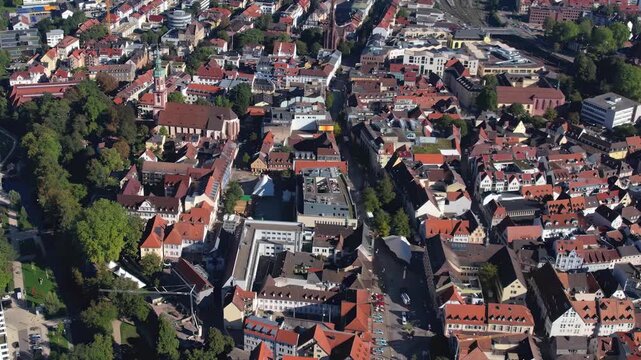  Aerial view around the old town of the city Offenburg, Germany on a sunny spring day