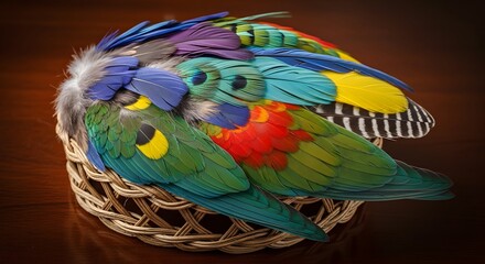 Obraz premium Vibrantly colored exotic bird feathers beautifully arranged in a rustic woven basket on a dark wooden surface