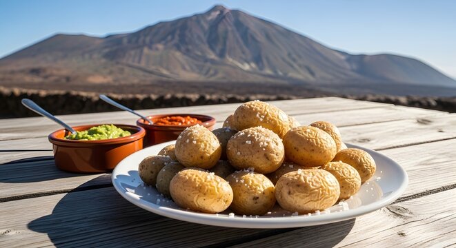 Traditional wrinkly potatoes and two mojo sauces on a rustic wooden table with a large mountain