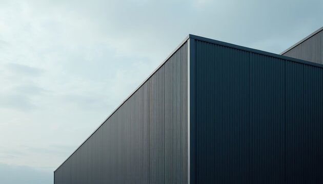 Modern industrial building facade features dark grey corrugated metal siding. Geometric architectural lines create abstract patterns against a pale cloudy sky. Minimalist design.