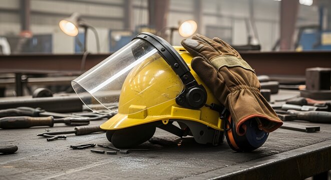 Yellow safety helmet with a face shield and work glove resting on a sturdy industrial workbench