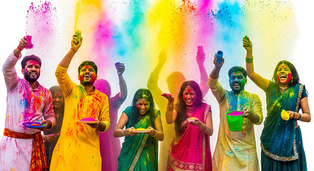 Fototapeta premium Vibrant festival of colors Diverse friends celebrate Holi with joyful powder throws