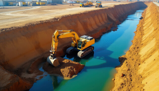 Yellow excavator digs narrow canal with turquoise water. Heavy machinery works on construction site with sand dunes. Industrial vehicle creates waterway path on sunny day.