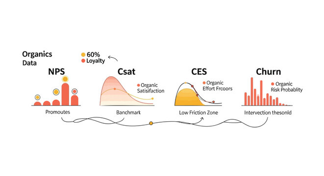 Customer Experience Metrics, Organics Data, NPS, CSAT, CES, Churn Rate Graphs, Business Analytics
