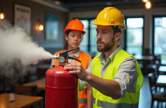 Restaurant staff get fire extinguisher safety training. Man demonstrates use of red fire extinguisher while woman watches. Team learns emergency response in cafe.