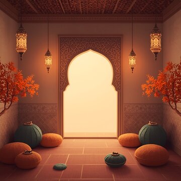 Islamic display podium decoration background with moque window lantern, ramada kareem, mawlid, iftar, isa miraj, eid al fitr adha,muharram, 3D illustration 