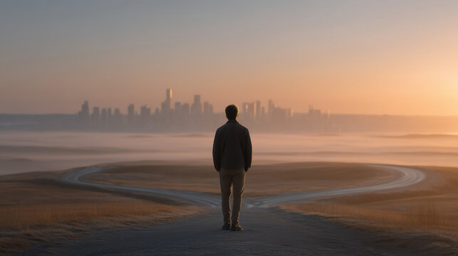 Founder standing at a highway fork in a foggy morning landscape, one road leading to a city skyline, pivot decision metaphor, business direction choice, startup crossroads, entrepreneur uncertainty,