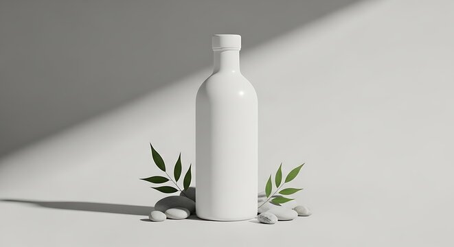 Minimalist scene featuring a white bottle stones and green foliage
