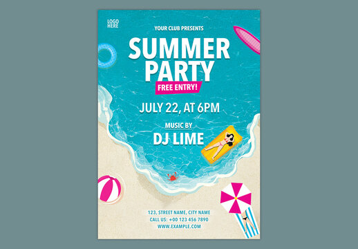 Editable Summer Party Flyer Template Design for Beach Event Promotion with Poolside Theme.