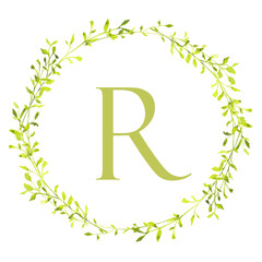 Obraz premium Elegant watercolor green leaf wreath with monogram letter R, minimal botanical floral frame isolated on white background for wedding invitations, logo design and branding