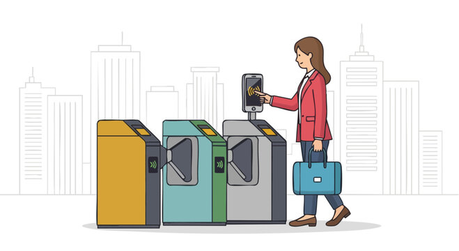 Woman using contactless mobile payment at city transit turnstile