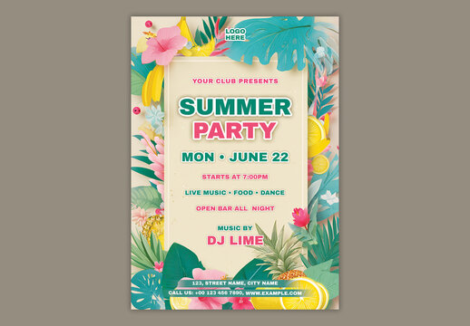 Editable Summer Party Flyer Template Design with Tropical Elements for Beach Event Promotion.