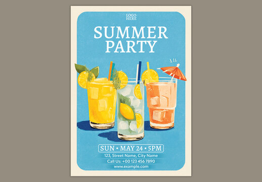 Editable Summer Party Flyer Template Design with Tropical Cocktails on Blue Background for Beach Club Event Promotion.