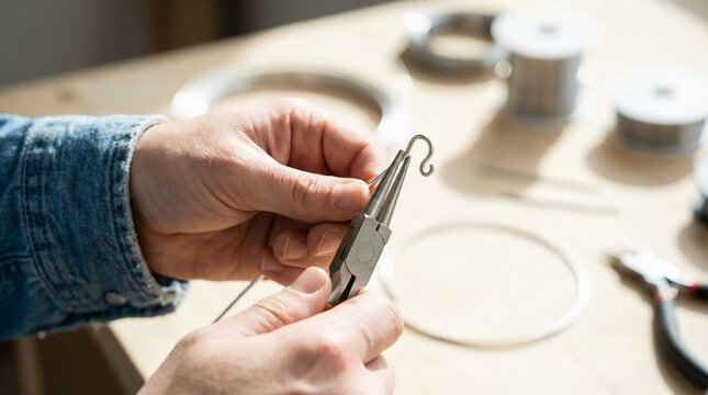 Hands Using Pliers to Bend Wire with Tools and Spools in Background