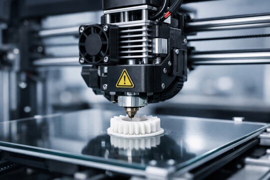 Close-up of 3D printer creating white gear on platform in high detail.. Ai generative