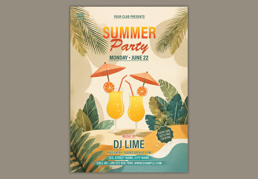 Editable Summer Party Flyer Template Design with Tropical Cocktails on Beach Theme for Event Promotion.