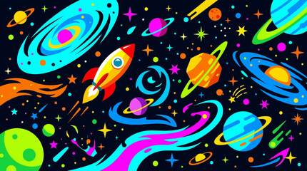 Vibrant illustration of colorful planets and rockets in space. © Abhinaya Project