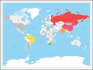 World map highlighting major countries in bold colors including Russia, China, India, Brazil, and South Africa, representing emerging economies and global markets on a clean geographic layout. © Umm Hamzah