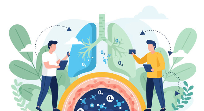 Human Respiratory System and Molecular Oxygen Exchange Illustration