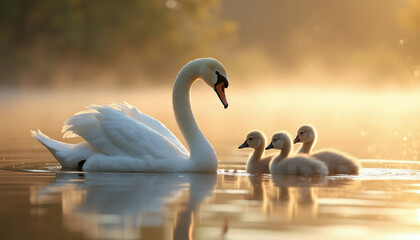 Obraz premium Adult swan swims with cygnets on calm water. Tender family moment near lake shore. Gentle birds float in soft golden sunrise light. Peaceful wildlife scene.