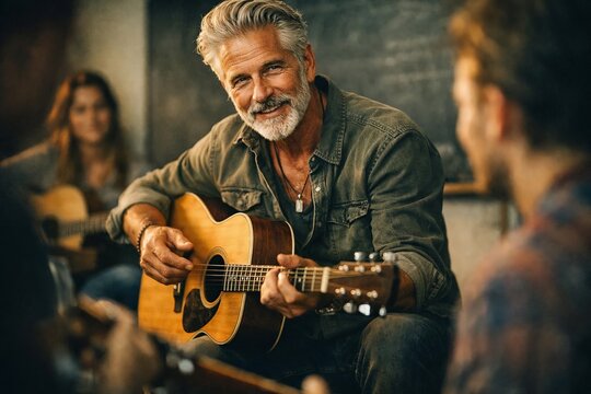 Smiling mature man playing acoustic guitar for friends indoors, casual jam session and community gathering in warm light.