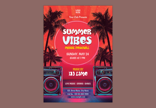 Editable Summer Vibes Music Festival Party Flyer Design with Vintage Speakers and Palm Tree Gradient Background for Event Promotion.