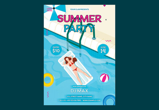 Editable Summer Party Flyer Template Design with Female Swimmer Relaxing on Pool Float for Beach Event Promotion.